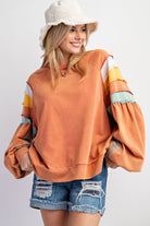 Terry Knit Mineral Washed Pullover with Color Block Sleeves by Easel - Plus/Regular - Chai Tea-Apparel-Easel-LouisGeorge Boutique, Women’s Fashion Boutique Located in Trussville, Alabama