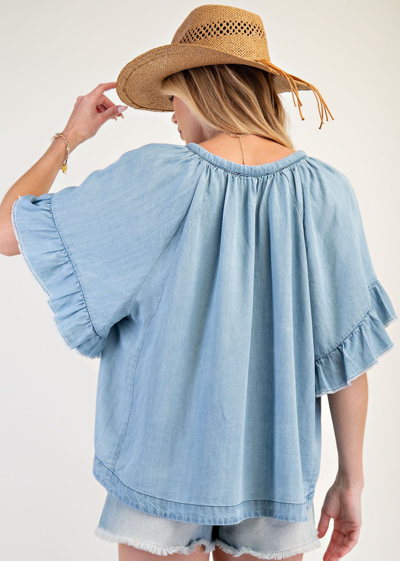 Washed Chambray Top by Easel - Light Denim - Plus/Regular-Apparel-Easel-LouisGeorge Boutique, Women’s Fashion Boutique Located in Trussville, Alabama