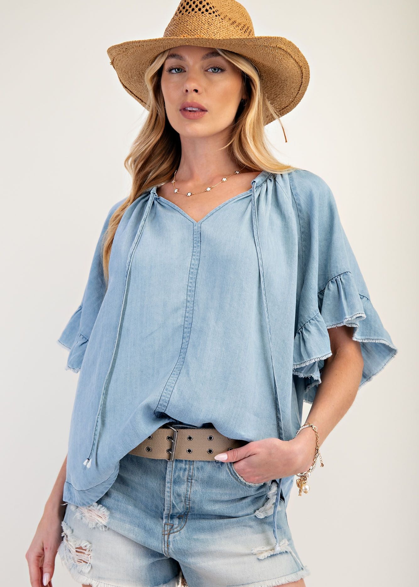 Washed Chambray Top by Easel - Light Denim - Plus/Regular-Apparel-Easel-LouisGeorge Boutique, Women’s Fashion Boutique Located in Trussville, Alabama