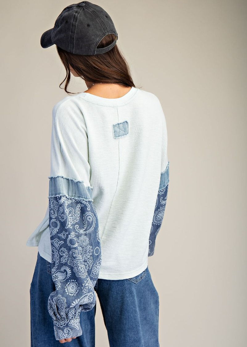 Denim Print Mix Thermal Knit Pullover - Light Blue-Apparel-Easel-LouisGeorge Boutique, Women’s Fashion Boutique Located in Trussville, Alabama