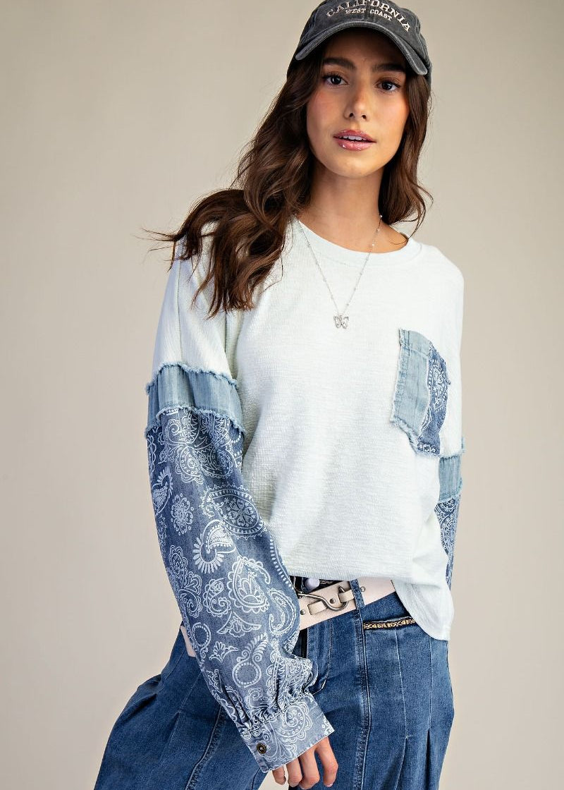 Denim Print Mix Thermal Knit Pullover - Light Blue-Apparel-Easel-LouisGeorge Boutique, Women’s Fashion Boutique Located in Trussville, Alabama