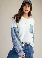 Denim Print Mix Thermal Knit Pullover - Light Blue-Apparel-Easel-LouisGeorge Boutique, Women’s Fashion Boutique Located in Trussville, Alabama