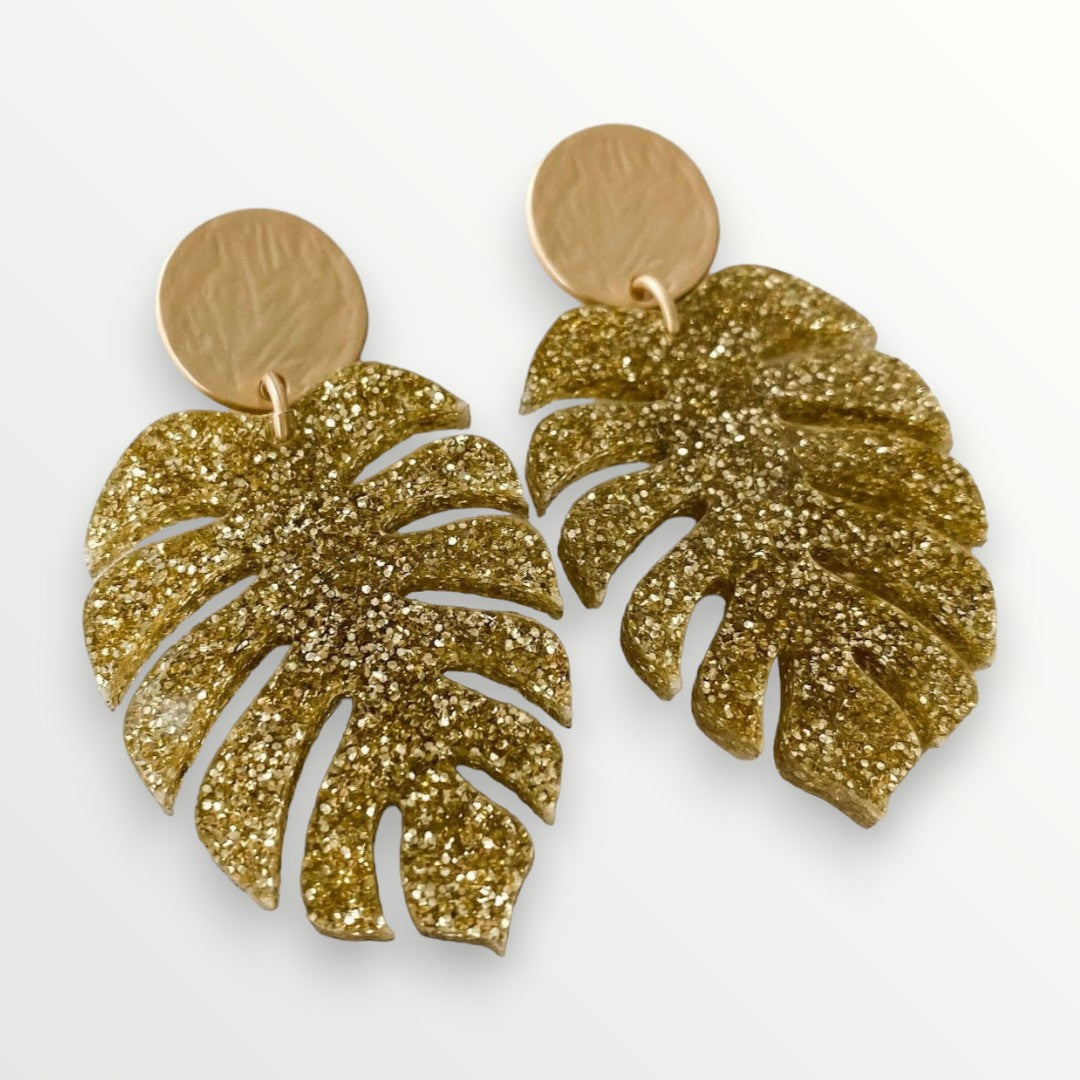 Gold Glitter Monstera Leaf Earrings-Earrings-WMG-LouisGeorge Boutique, Women’s Fashion Boutique Located in Trussville, Alabama