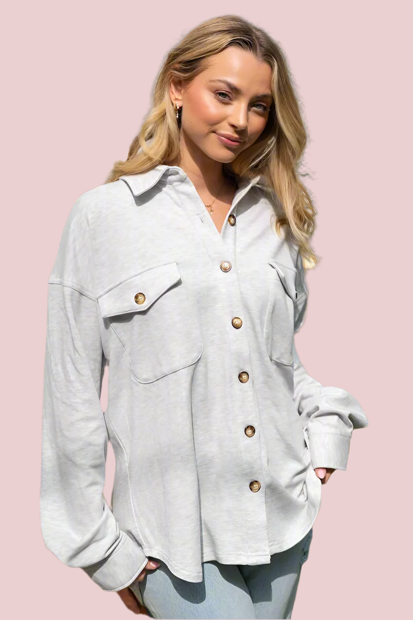 Micro Fleece Button Up Shirket - Heather White - Plus/Regular-Sweater-White Birch-LouisGeorge Boutique, Women’s Fashion Boutique Located in Trussville, Alabama