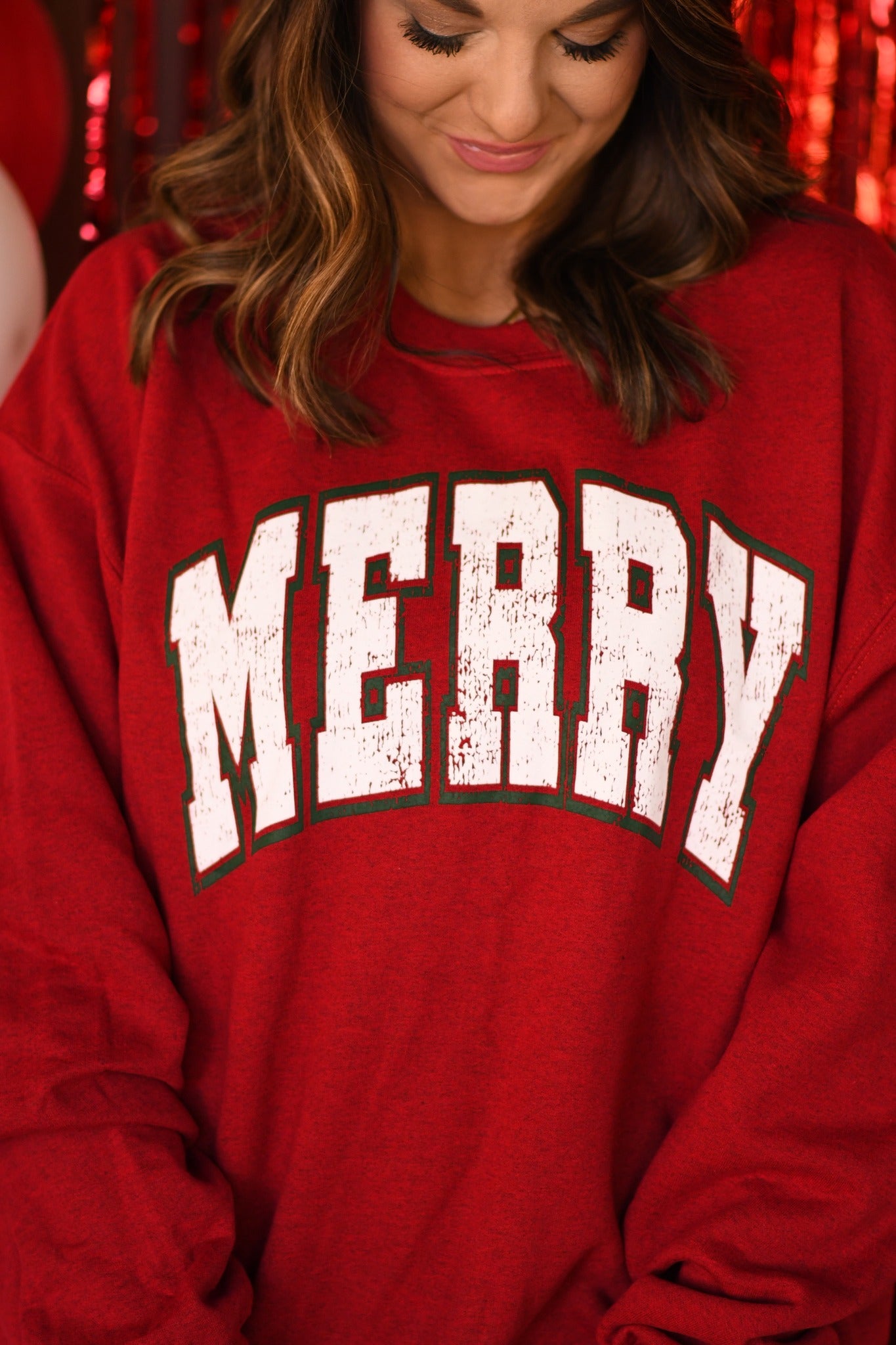 Arched Merry Sweatshirt - Antique Red - Plus/Regular-Graphic Tee-LouisGeorge Boutique-LouisGeorge Boutique, Women’s Fashion Boutique Located in Trussville, Alabama