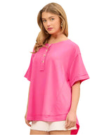 French Terry Henley Top - Hot Pink - Plus/Regular-Apparel-Andree by Unit-LouisGeorge Boutique, Women’s Fashion Boutique Located in Trussville, Alabama