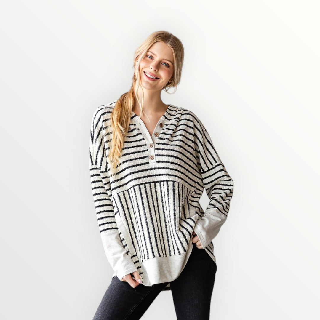 Cream & Black Striped Pullover Hoodie - Plus/Regular-Apparel-Heimish-LouisGeorge Boutique, Women’s Fashion Boutique Located in Trussville, Alabama