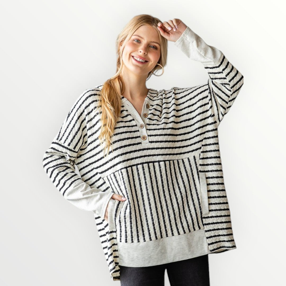 Cream & Black Striped Pullover Hoodie - Plus/Regular-Apparel-Heimish-LouisGeorge Boutique, Women’s Fashion Boutique Located in Trussville, Alabama