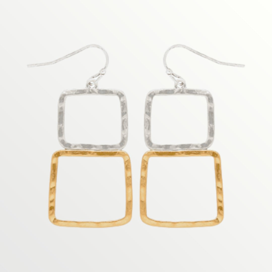 Worn Gold & Silver Stacked Squares Drop Earrings-Earrings-LouisGeorge Boutique-LouisGeorge Boutique, Women’s Fashion Boutique Located in Trussville, Alabama