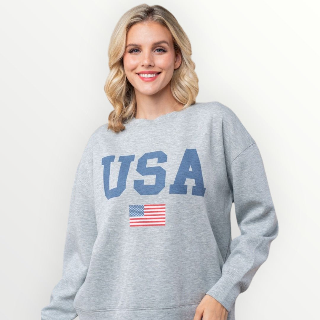 USA Lightweight Deluxe Pullover by White Birch - Plus/Regular - Heather Grey-Sweater-White Birch-LouisGeorge Boutique, Women’s Fashion Boutique Located in Trussville, Alabama