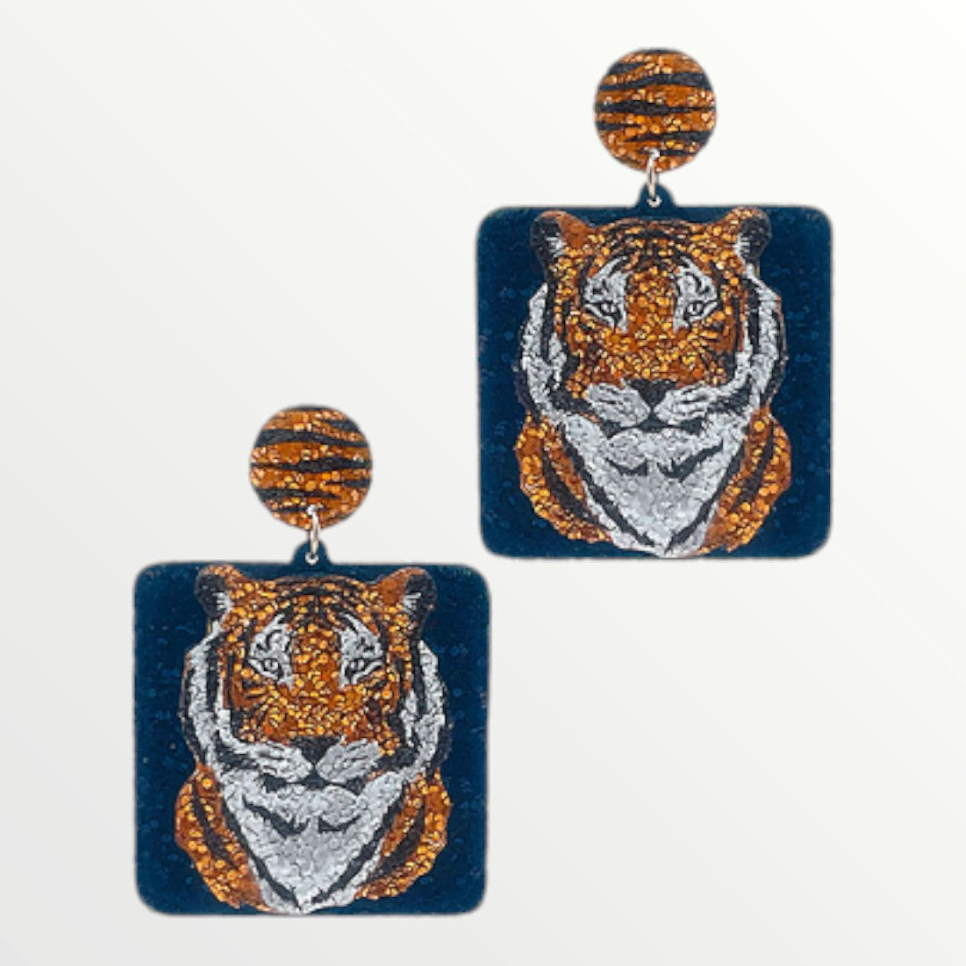 Sparkly Square Auburn Tiger Earrings-Earrings-LouisGeorge Boutique-LouisGeorge Boutique, Women’s Fashion Boutique Located in Trussville, Alabama