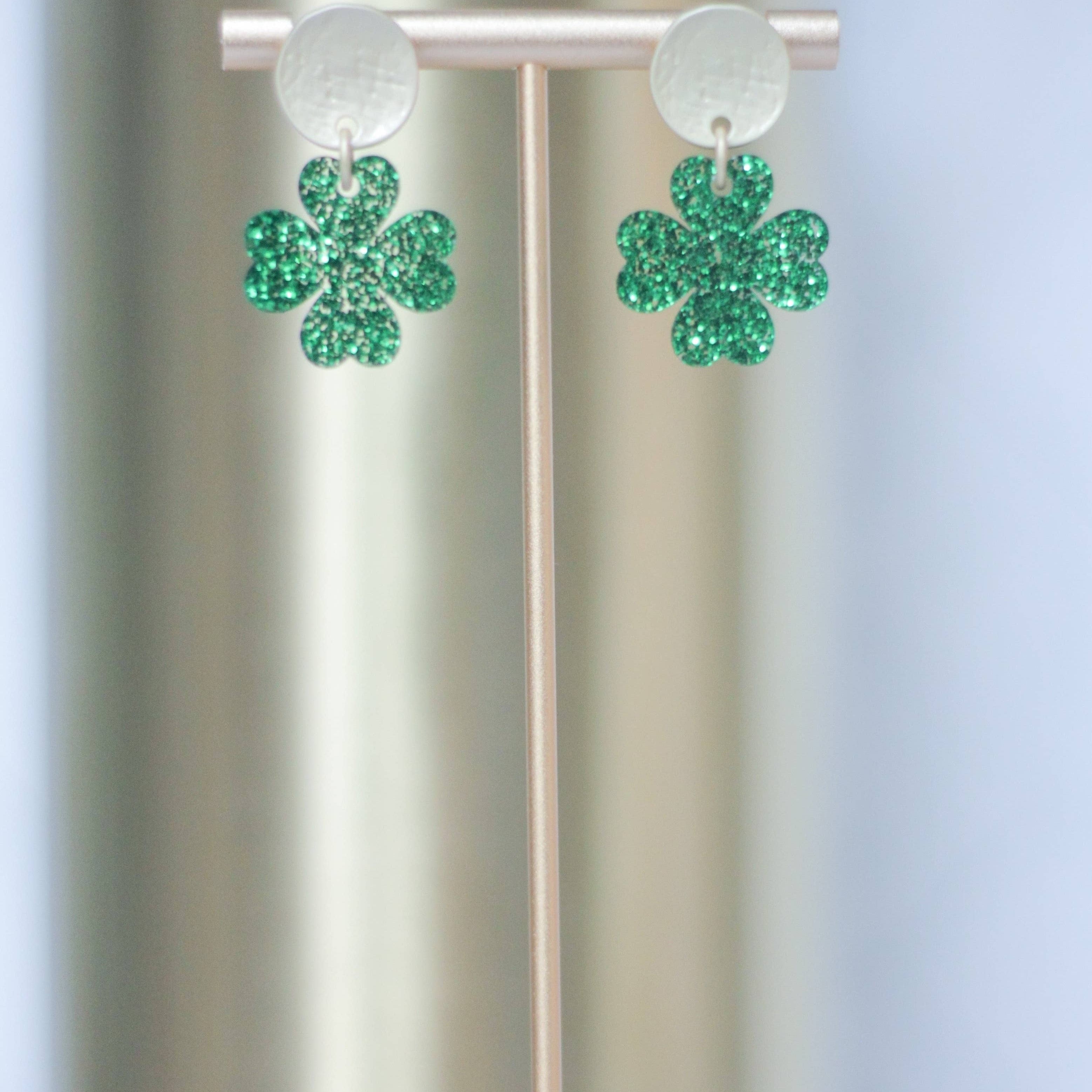 Green Glitter Mini Shamrock Earrings-Earrings-WMG-LouisGeorge Boutique, Women’s Fashion Boutique Located in Trussville, Alabama