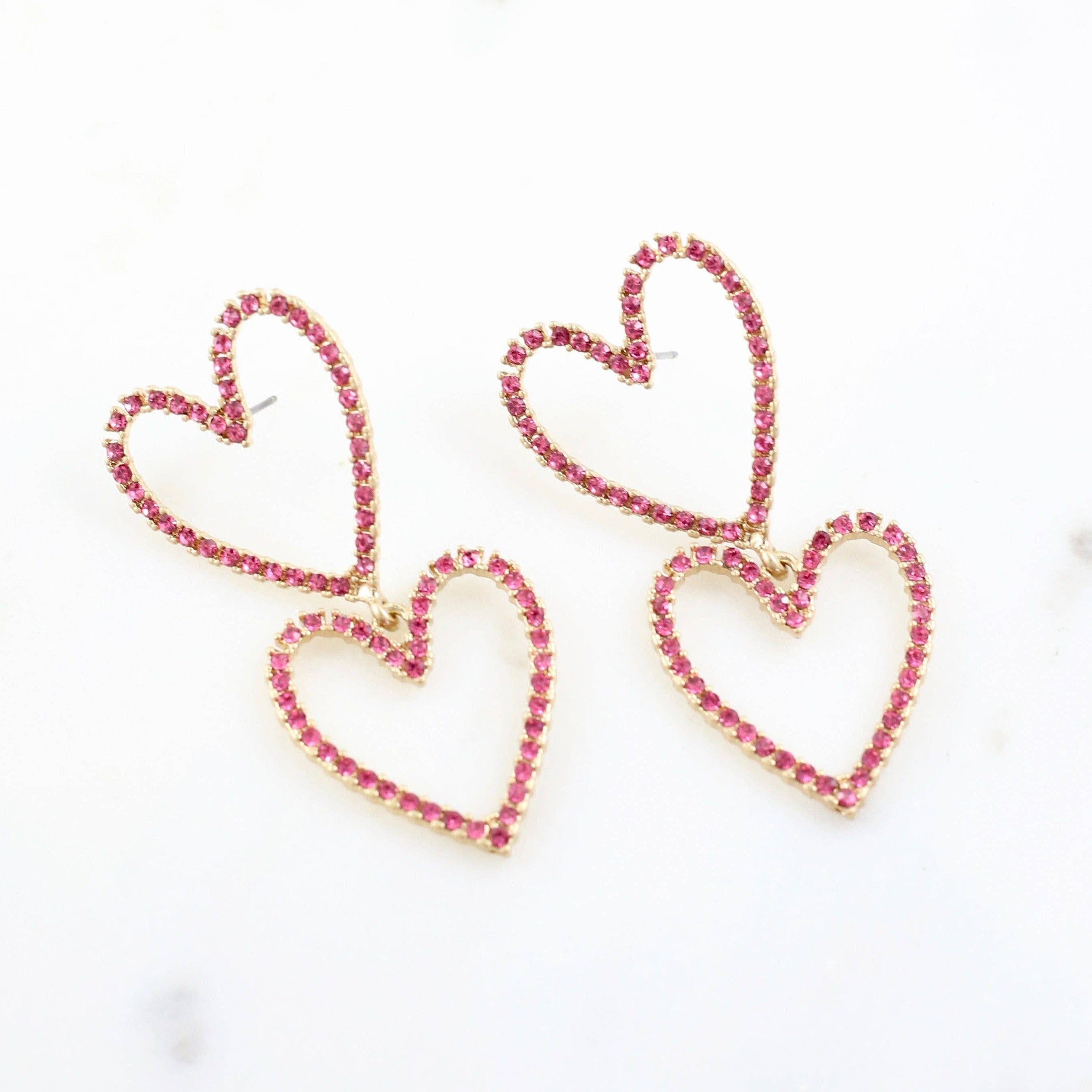 Just a Crush Pink & Gold Double Heart Earrings-Earrings-LouisGeorge Boutique-LouisGeorge Boutique, Women’s Fashion Boutique Located in Trussville, Alabama