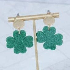 Green Glitter Shamrock Earrings-Earrings-WMG-LouisGeorge Boutique, Women’s Fashion Boutique Located in Trussville, Alabama