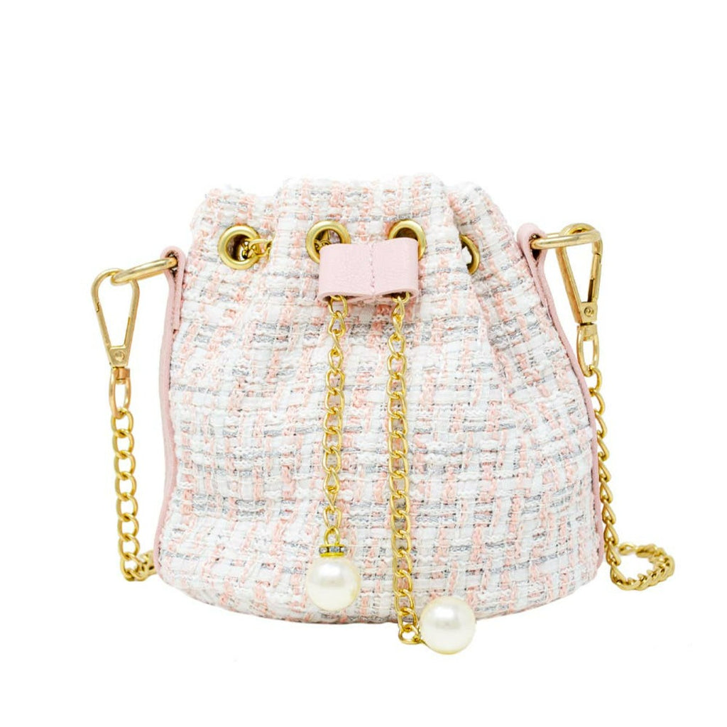 Tweed Drawstring Bag - White/Pink-Handbags-Tiny Treats and ZOMI GEMS-LouisGeorge Boutique, Women’s Fashion Boutique Located in Trussville, Alabama