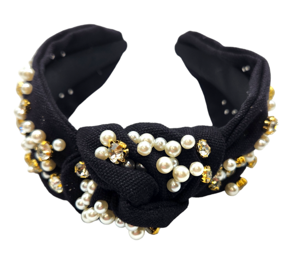 Black Pearl & Rhinestone Embellished Top Knot Headband-Accessories-louisgeorgeboutique-LouisGeorge Boutique, Women’s Fashion Boutique Located in Trussville, Alabama