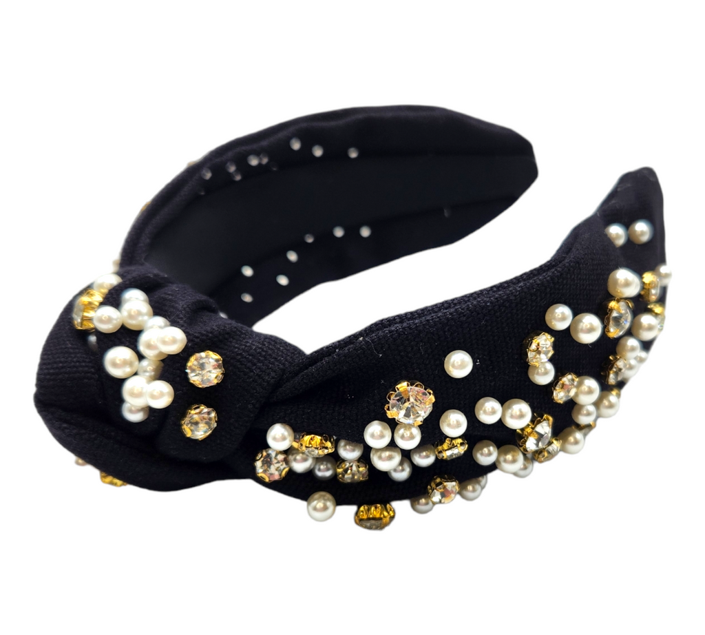 Black Pearl & Rhinestone Embellished Top Knot Headband-Accessories-louisgeorgeboutique-LouisGeorge Boutique, Women’s Fashion Boutique Located in Trussville, Alabama