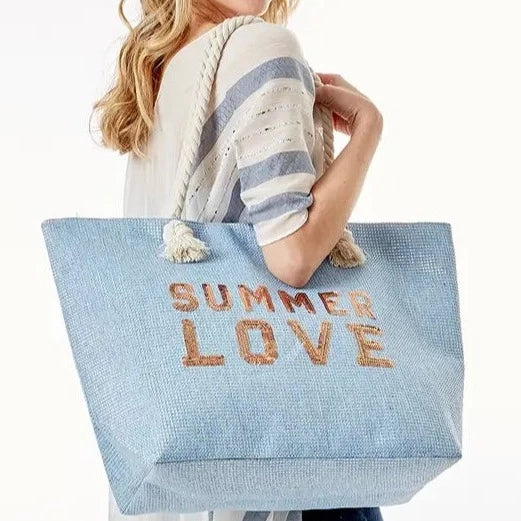 Summer Love Glitter Beach Tote - Blue-Handbags-LouisGeorge Boutique-LouisGeorge Boutique, Women’s Fashion Boutique Located in Trussville, Alabama