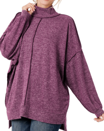 Brushed Melange Hacci Mock Neck Sweater - Regular - Dark Plum-Apparel-LouisGeorge Boutique-LouisGeorge Boutique, Women’s Fashion Boutique Located in Trussville, Alabama