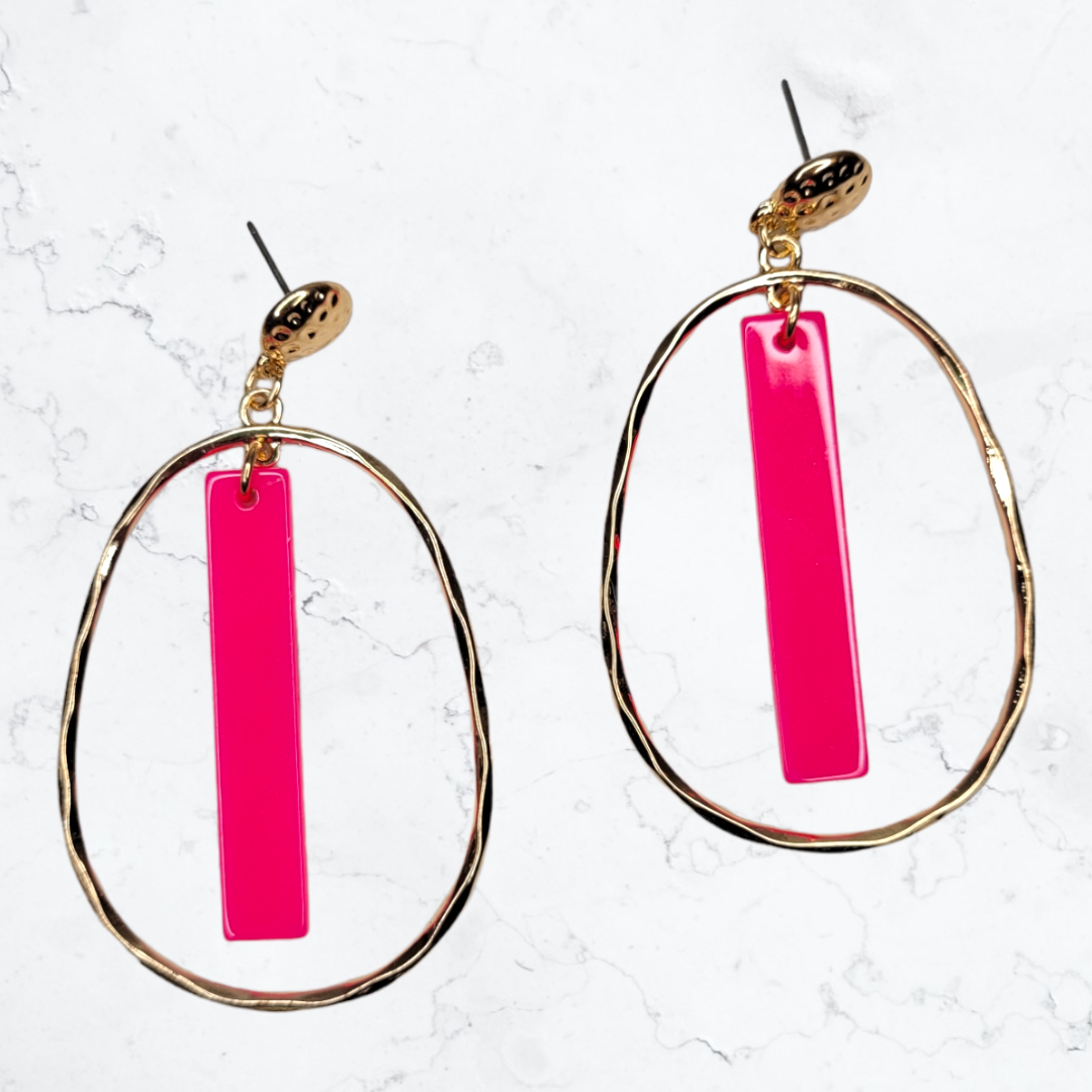 Gold & Hot Pink Oval Bar Earrings-Earrings-louisgeorgeboutique-LouisGeorge Boutique, Women’s Fashion Boutique Located in Trussville, Alabama