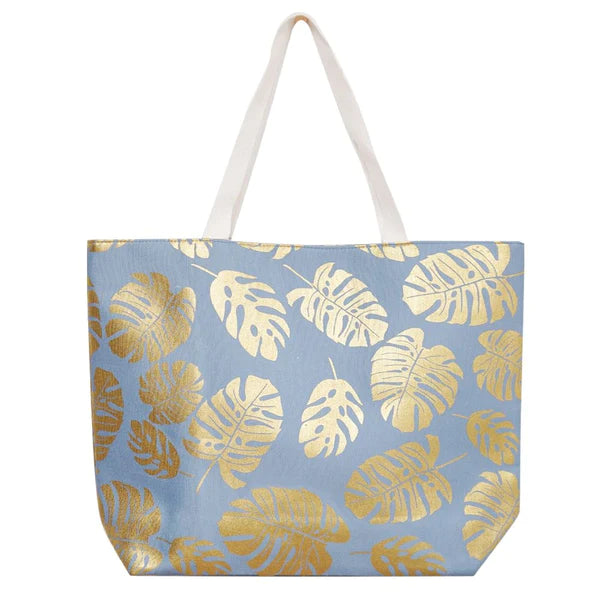 Gold Foil Tropical Leaf Beach Tote with Pouch - Blue-Handbags-LouisGeorge Boutique-LouisGeorge Boutique, Women’s Fashion Boutique Located in Trussville, Alabama
