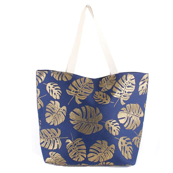 Gold Foil Tropical Leaf Beach Tote with Pouch - Navy-Handbags-LouisGeorge Boutique-LouisGeorge Boutique, Women’s Fashion Boutique Located in Trussville, Alabama