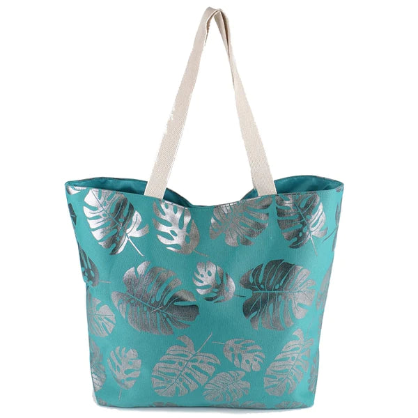 Silver Foil Tropical Leaf Beach Tote with Pouch - Turquoise-Handbags-LouisGeorge Boutique-LouisGeorge Boutique, Women’s Fashion Boutique Located in Trussville, Alabama
