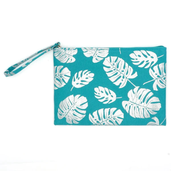 Silver Foil Tropical Leaf Beach Tote with Pouch - Turquoise-Handbags-LouisGeorge Boutique-LouisGeorge Boutique, Women’s Fashion Boutique Located in Trussville, Alabama