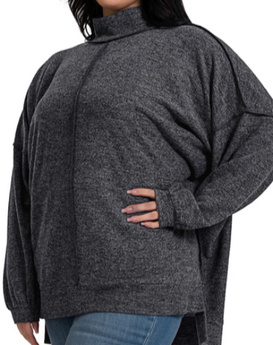 Brushed Melange Hacci Mock Neck Sweater - Plus/Regular - Black-Apparel-LouisGeorge Boutique-LouisGeorge Boutique, Women’s Fashion Boutique Located in Trussville, Alabama