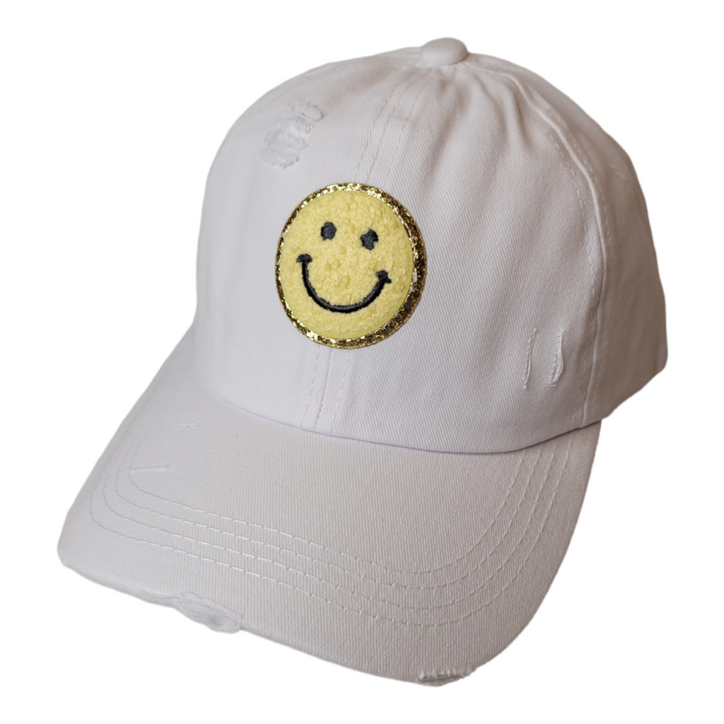 Smiley Baseball Cap with Pony Crisscross - White-Accessories-louisgeorgeboutique-LouisGeorge Boutique, Women’s Fashion Boutique Located in Trussville, Alabama