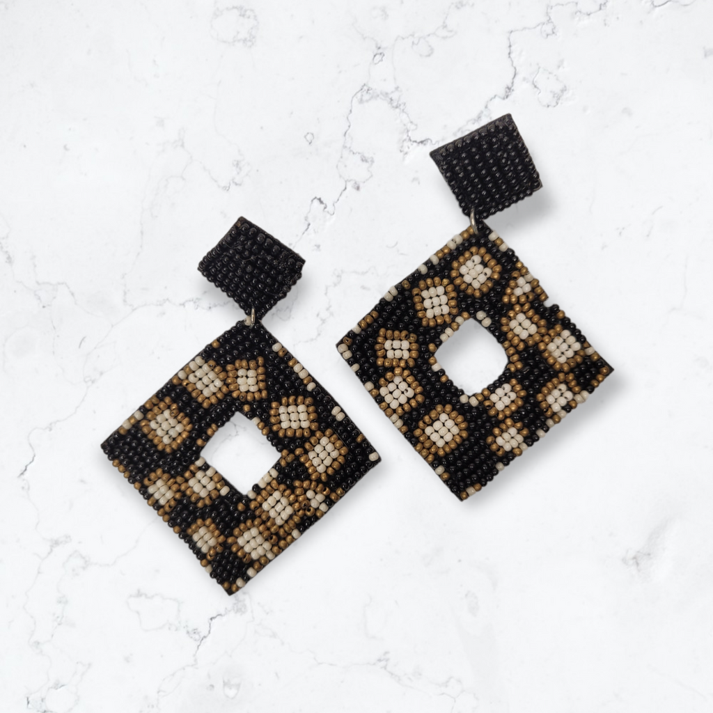 Beaded Squares Black/Gold/White Earrings-Earrings-LouisGeorge Boutique-LouisGeorge Boutique, Women’s Fashion Boutique Located in Trussville, Alabama