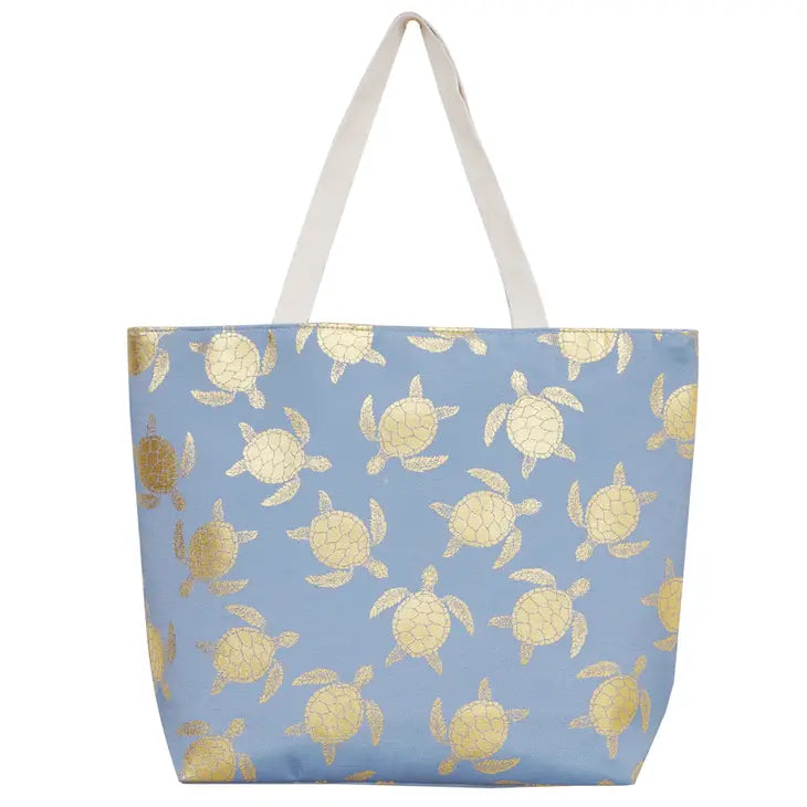 Gold Foil Turtle Beach Tote with Pouch - Blue-Handbags-LouisGeorge Boutique-LouisGeorge Boutique, Women’s Fashion Boutique Located in Trussville, Alabama