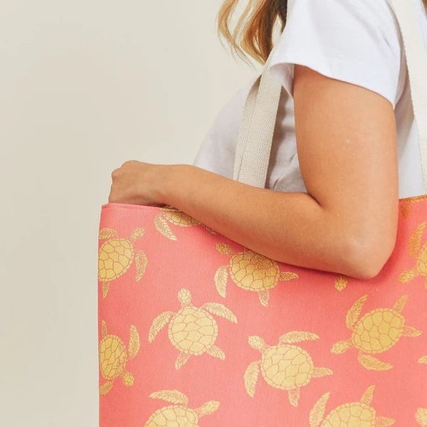 Gold Foil Turtle Beach Tote with Pouch - Coral-Handbags-LouisGeorge Boutique-LouisGeorge Boutique, Women’s Fashion Boutique Located in Trussville, Alabama