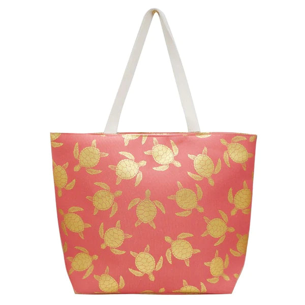 Gold Foil Turtle Beach Tote with Pouch - Coral-Handbags-LouisGeorge Boutique-LouisGeorge Boutique, Women’s Fashion Boutique Located in Trussville, Alabama
