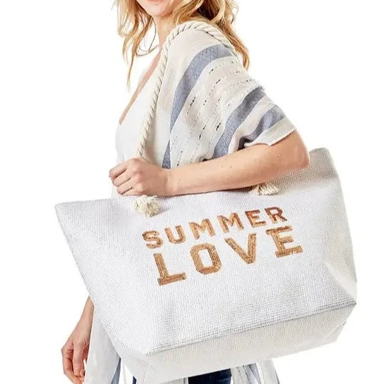 Summer Love Glitter Beach Tote - White-Handbags-LouisGeorge Boutique-LouisGeorge Boutique, Women’s Fashion Boutique Located in Trussville, Alabama
